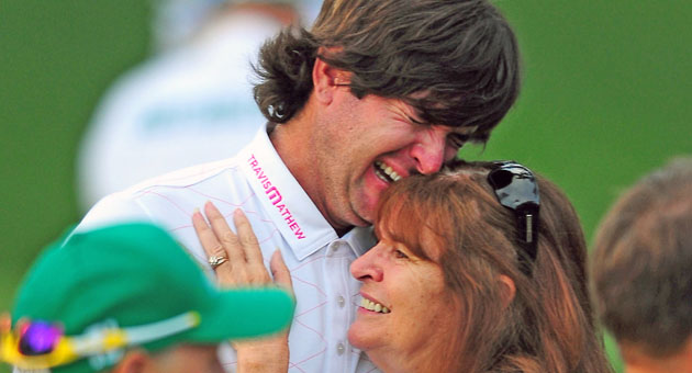Bubba Watson hugs his mother after winning 2012 Masters
